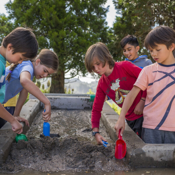 Five children digging in sand in the Forces that Shape the Bay exhibit