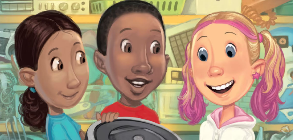How to Train Your Robot book cover in which three students are examining a robot vacuum cleaner.