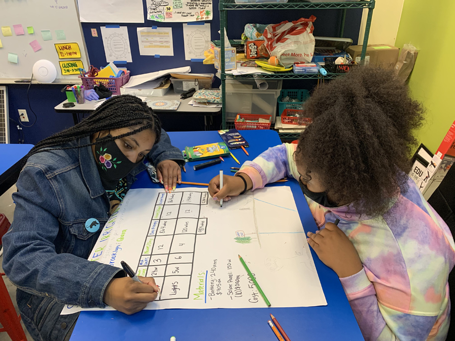 Two students are working on a project at Solar Camp. They are drawing on a poster board.