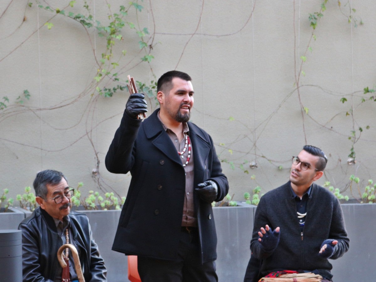 Cafe Ohlone co-founders Vincent Medina and Louis Trevino with a tribal elder at a Lawrence Hall of Science event