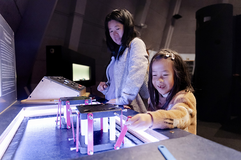 A visitor constructing a building to test on an earthquake shake table in Design Quest