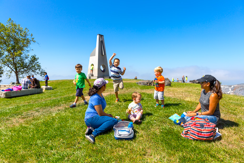 Family sitting on grass in Forces that Shape the Bay