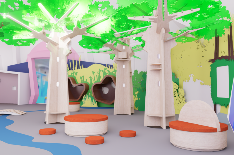 A 3D rendering of the upcoming yuutka exhibit at The Lawrence