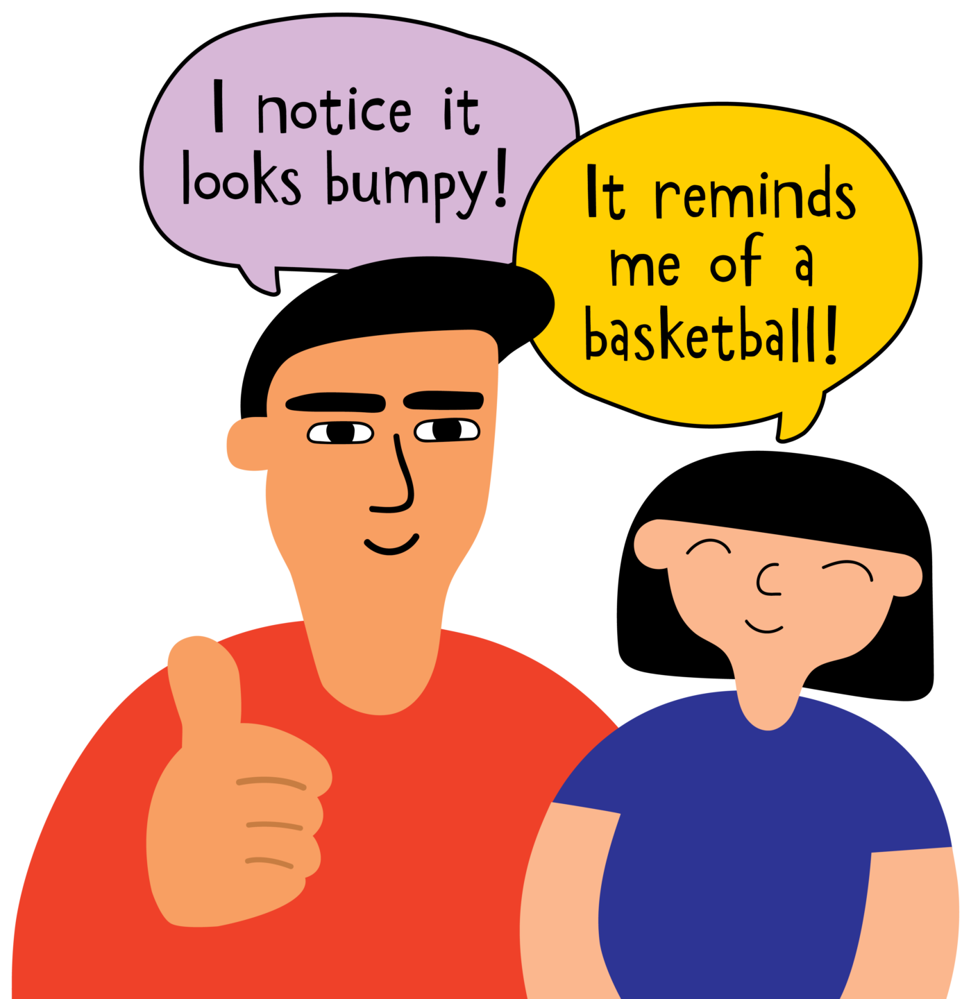 Adult stating, "I notice it looks bumpy!" and child answering, "It reminds me of a basketball!"